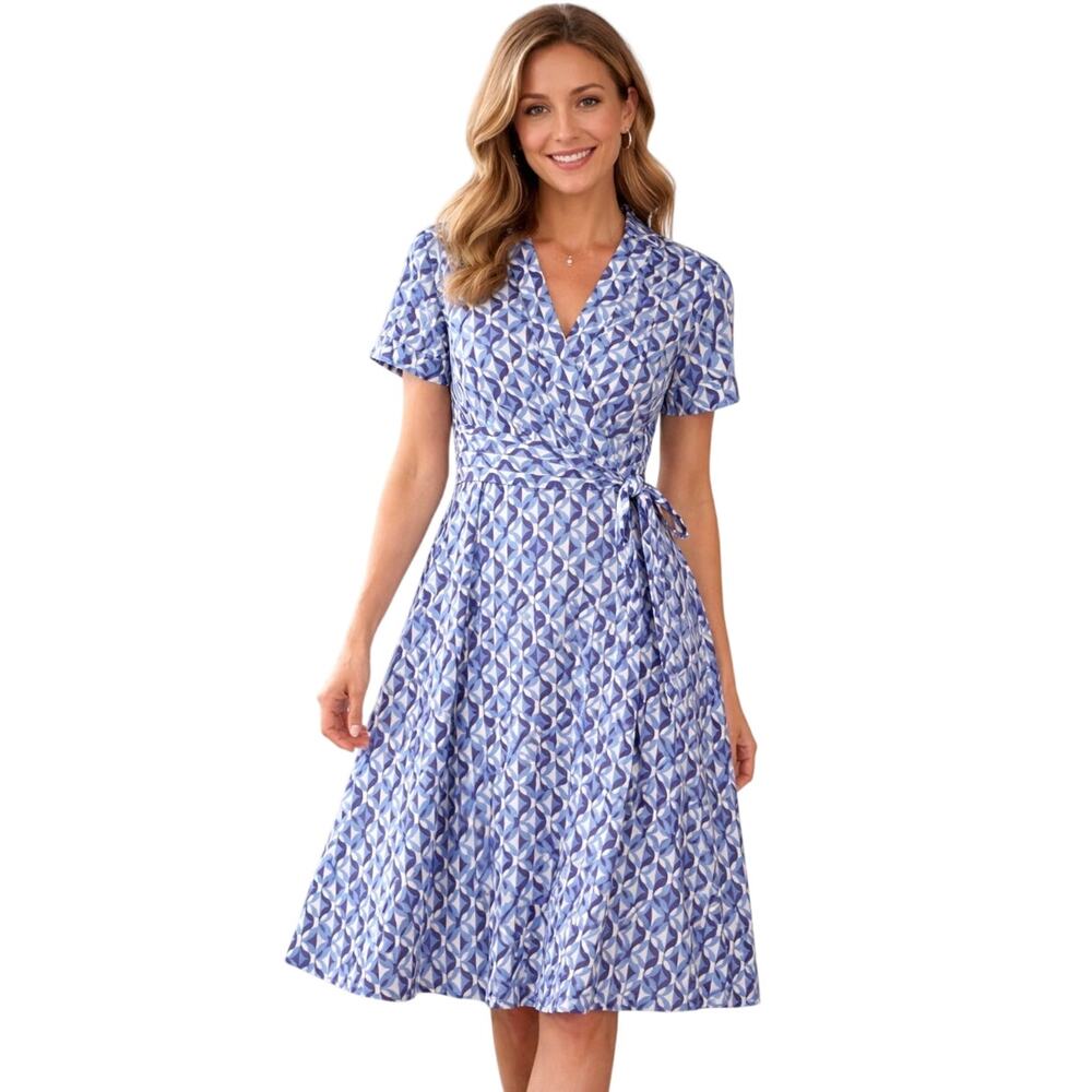 Tahari ASL Midi Geometric Dress Size 16 Blue‎ White Tie Front Plus Size